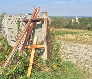 Abandoned grave-marker crosses in a Ukrainian cemetery; learning and using Ukrainian language.